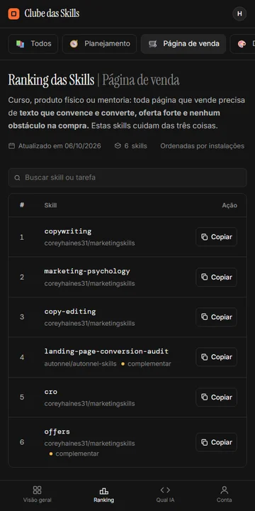 Painel do Clube das Skills no celular, com o ranking de um capítulo