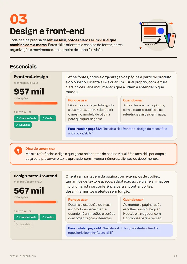Página do capítulo Design e front-end, com a skill frontend-design e o pedido de instalação
